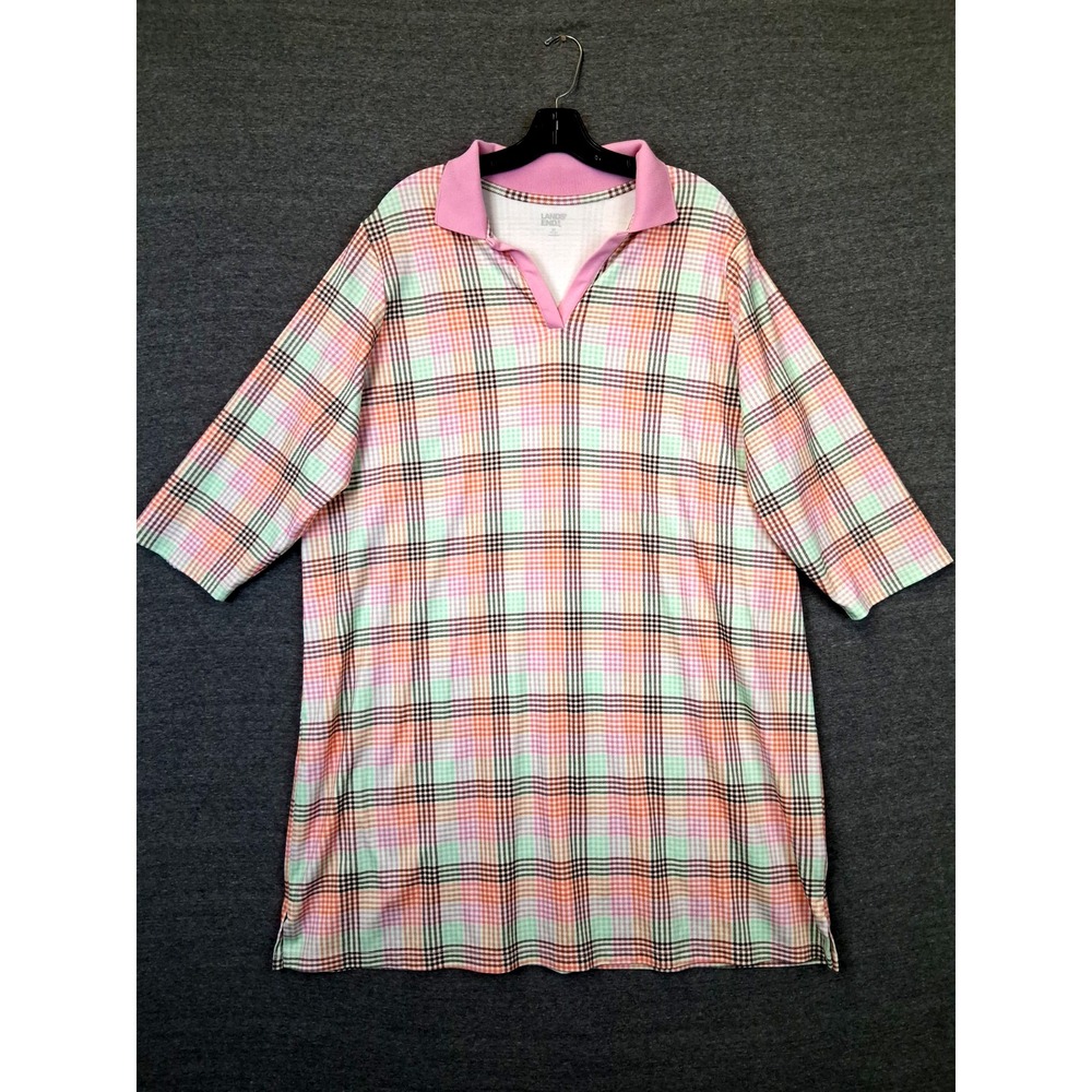 Lands End Womens Dress 2X Multi Houndstooth Plaid Shift Polo Golf Preppy Resort